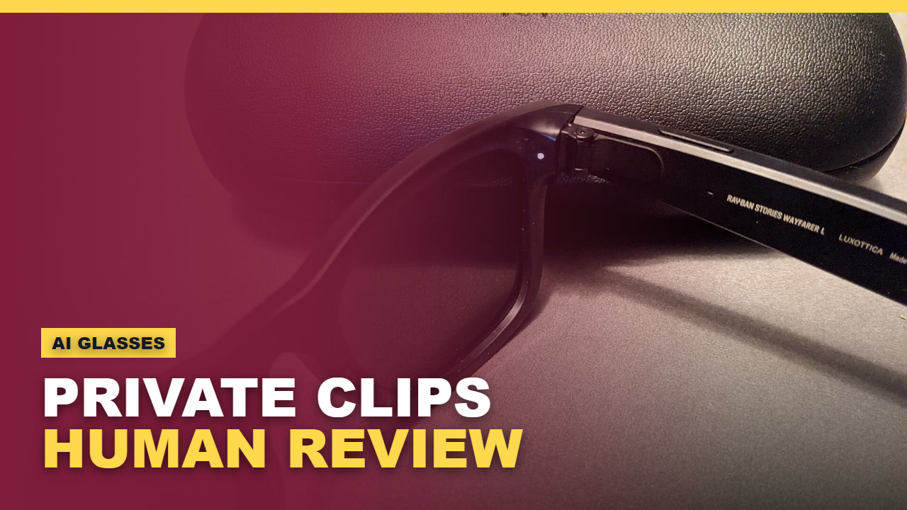SFW editorial thumbnail showing smart glasses, a human review queue, and private footage warning